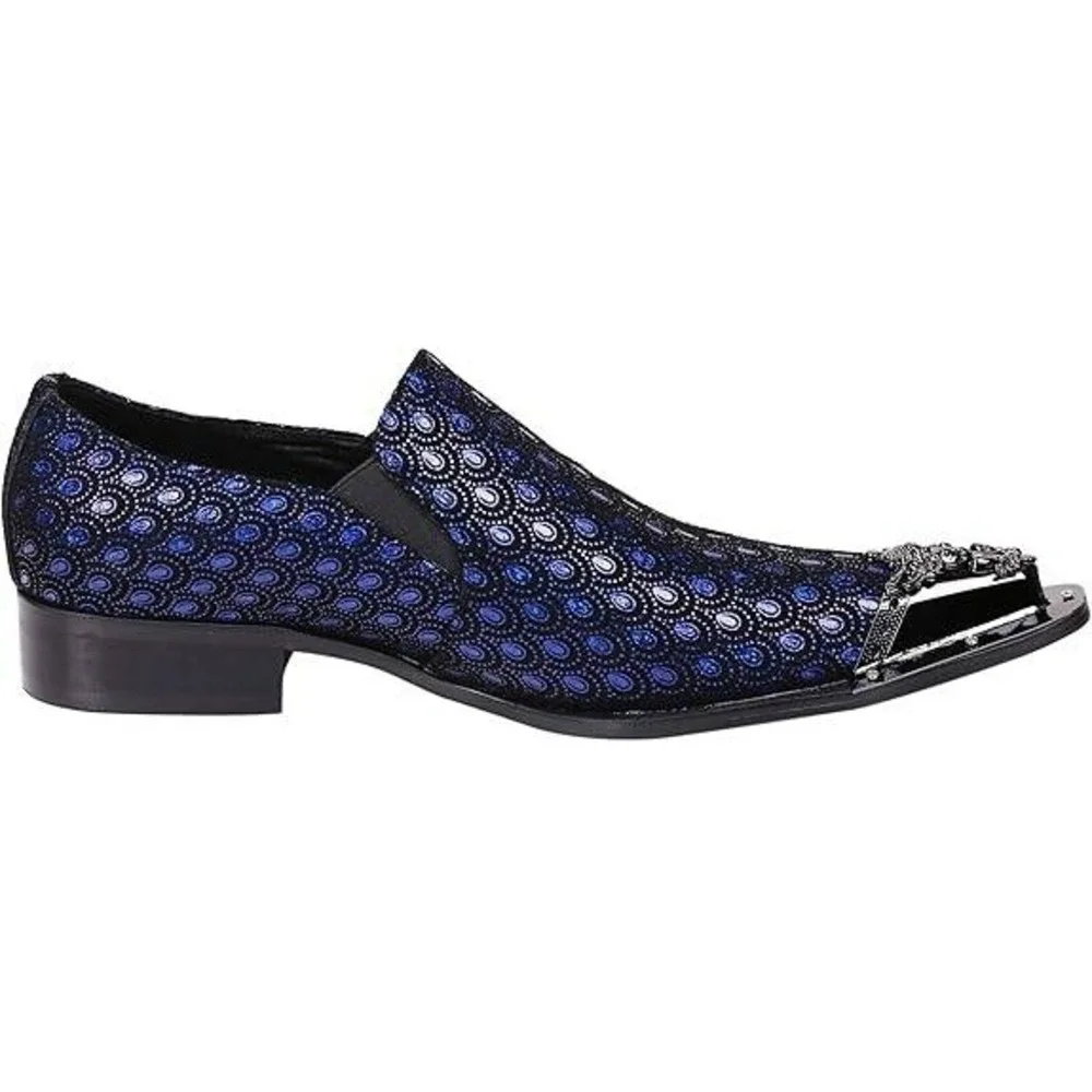 Santimon‎ Men's US 9.5 Black/Blue Leather Metal Tip Western Loafers Dress Shoes